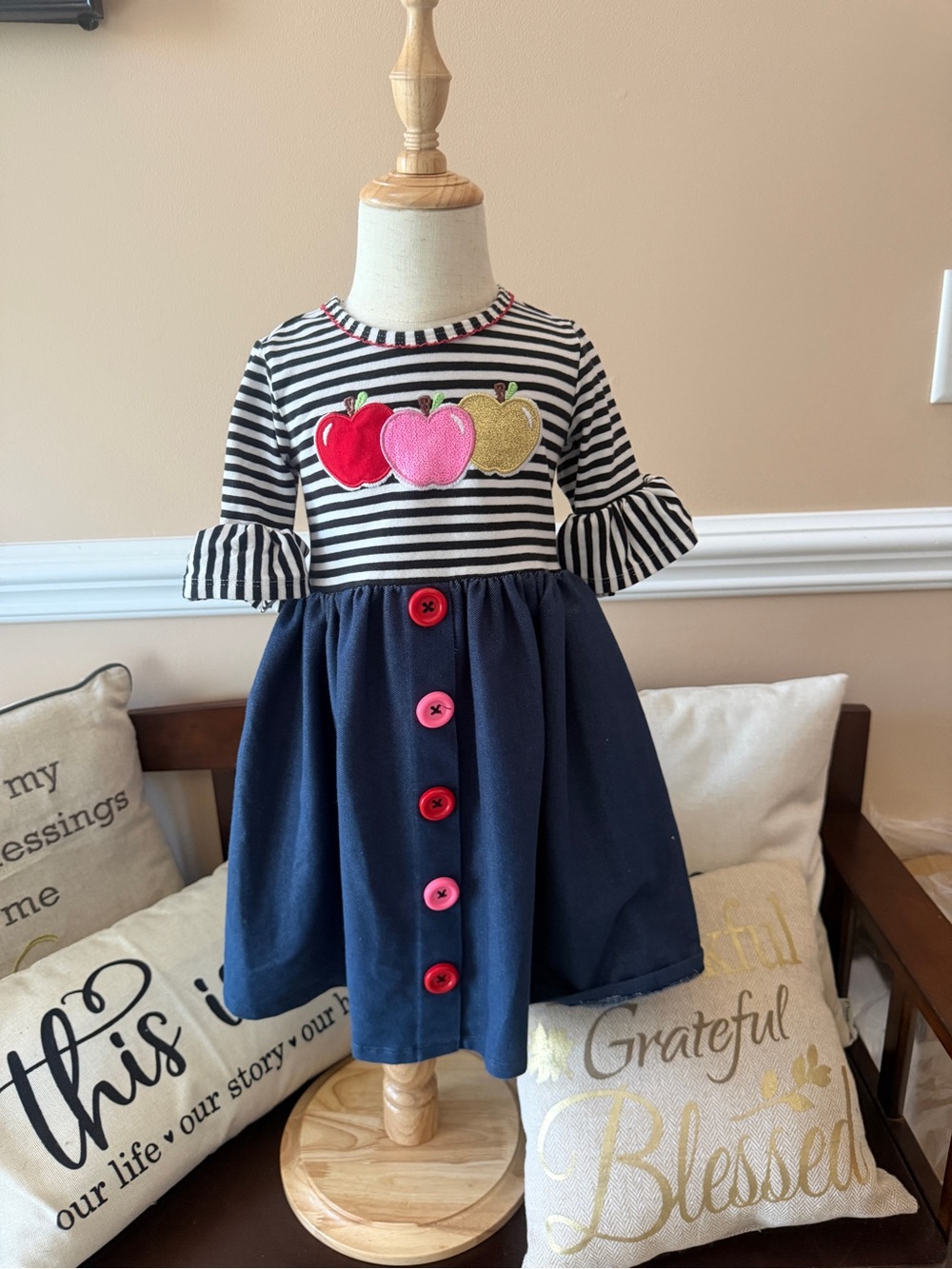 Bonnie Jean Girls Striped Apple Appliqué Navy Dress